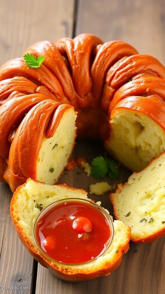 Savory Monkey Bread Recipe Savory monkey bread with melted cheese and herbs, served on a wooden table with marinara sauce.